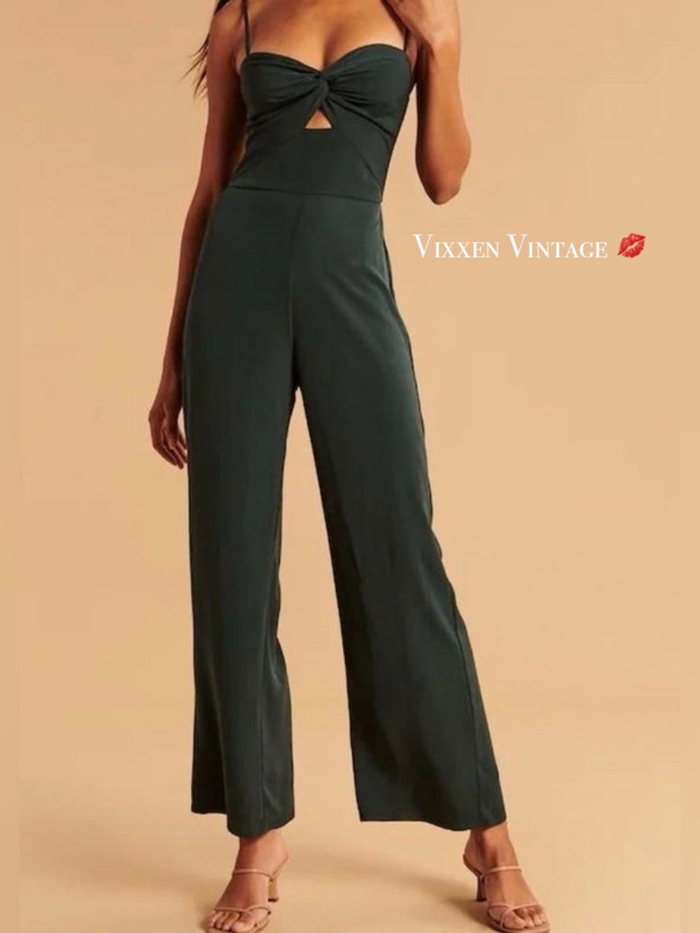 ABERCROMBIE & FITCH SLEEVELESS TIE FRONT WIDE LEG SATIN JUMPSUIT IN HUNTER GREEN